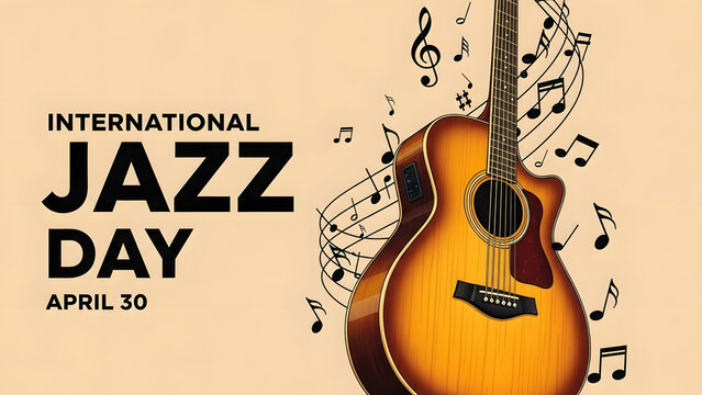 Celebrating International Jazz Day on April 30 with musical notes and acoustic guitar
