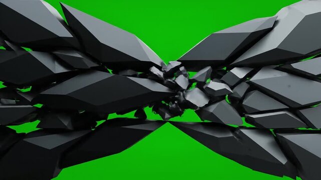 Abstract 3D geometric explosion effect with dark fractured shards colliding on a vibrant green screen background