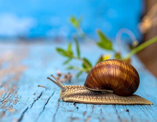Snail slowly crawling on weathered, blue painted wood planks with green foliage in the background
