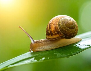 Snail slowly crawls across a green leaf, backlit with warm sunlight, creating soft, blurred bokeh background