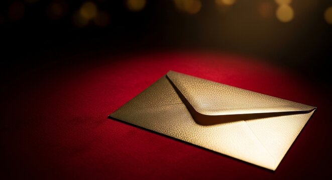 A luxurious golden envelope reflecting light on a red carpet background, representing an exclusive award or nomination concept for The Oscars event