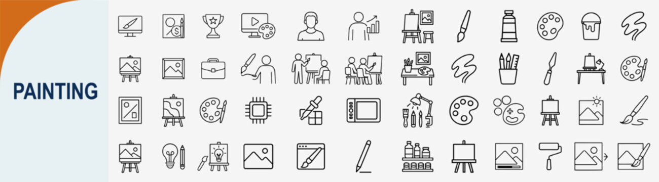 Painting line icons set for art studio and creative hobby