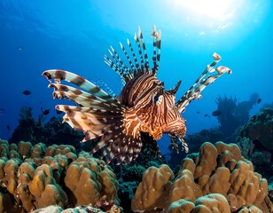 Striped lionfish swims above coral reefs under a sunlit, blue ocean surface