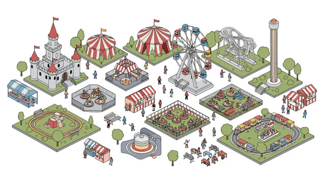 Expansive isometric map of a fun amusement park includes various classic rides, food stalls, and people enjoying a day at the carnival.
