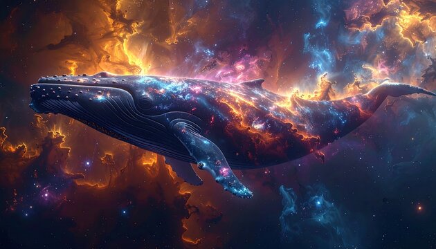 Cosmic whale swims through colorful nebulae, stars embedded