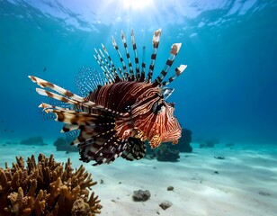 Striped lionfish swims above sandy seabed, coral, sunlight filters through clear turquoise water