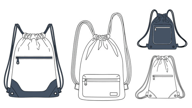 Assortment of drawstring bag designs in white and dark blue colors displayed in different views and styles on a plain background.