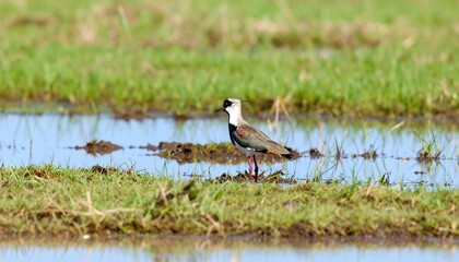 Obraz premium Bird Standing on Wet Grassy Field.