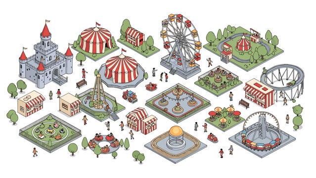 Vast collection of isometric amusement park attractions including a castle, circus tents, ferris wheel, roller coaster, and various carousels.