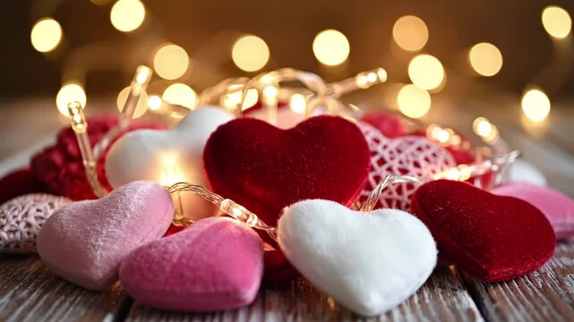 Assortment of plush valentine hearts with warm bokeh string lights on rustic wood