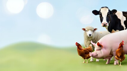Group of farm animals including a cow sheep pig and chickens standing together on a green grassy hill against a bright blue sky with bokeh lights.