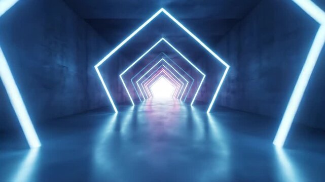 Abstract neon light tunnel with pentagonal shapes and glowing reflections
