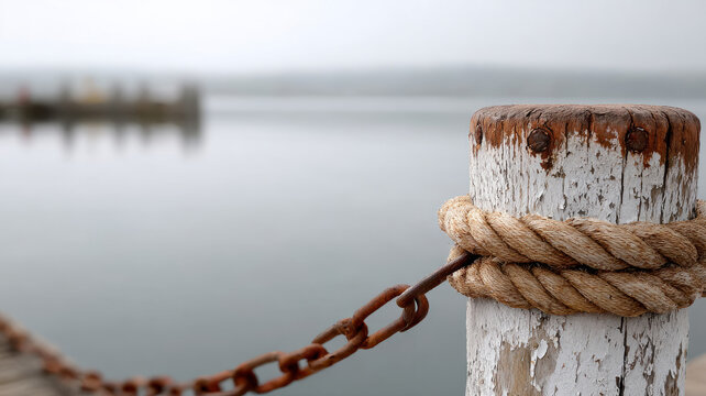 Rustic weathered rope and post by serene lakeside dock