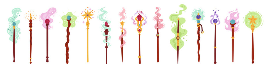 Cartoon magic wands with effects. Different wooden wizard sticks with decor, colored smoke, sparks, stars and particles, wizard fantasy tool with crystals, garish vector isolated set © YummyBuum