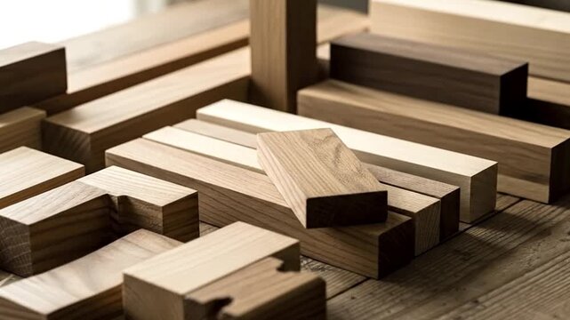 An appealing arrangement of natural wooden blocks and planks of varying hues and sizes, meticulously placed on a rustic timber surface. This visually rich composition highlights the intricate grain pa