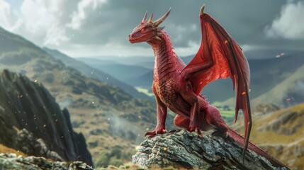 Magnificent red dragon in majestic mountain landscape for saint david's day celebration. Horizontal banner. Copy space. Welsh red dragon with spread wings and glowing eyes