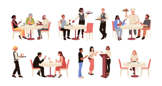 Restaurant visitors characters. Catering table service, waiters at tables with menu, chef, manager, people ordering dinner, communicate and eat delicious food, tidy vector cartoon set