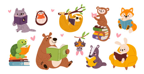 Funny animals read books. Cute fauna characters holding open books and studying, bear, sloth, turtle, literature lovers, education and knowledge mascot garish vector cartoon isolated set © YummyBuum