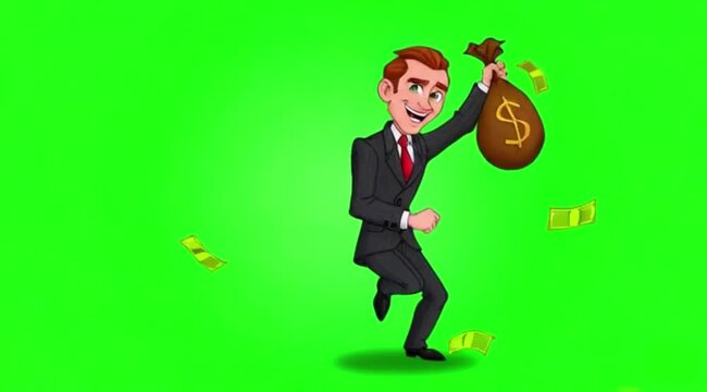Cartoon businessman dance with money bag on green screen background.