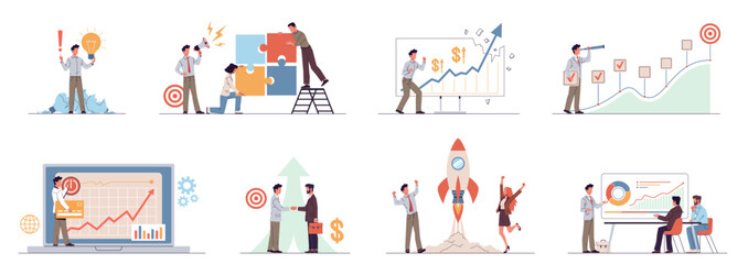 Developing your own business scenes. Successful startup, market analysis and planning, teamwork company creation, new project planning and performance nowaday vector cartoon isolated set © YummyBuum