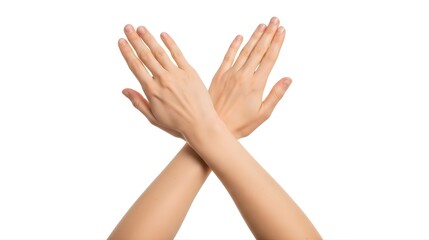 Woman's crossed hands forming X symbol, stop sign gesture, rejection or no concept, isolated on white background