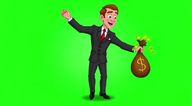 Cartoon businessman dance with money bag on green screen background.