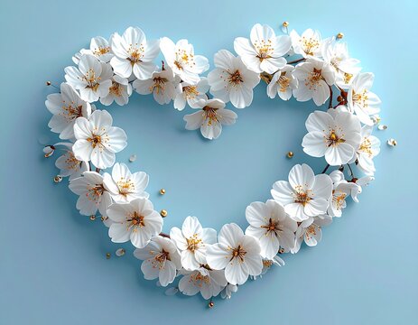Wieniec z białych kwiat&oacute;w wiśni ułożony w kształt serca na niebieskim tle. Tło wiosenne lub walentynkowe