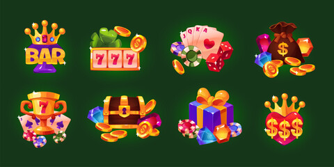 Obraz premium Cartoon gambling icons compositions. Online casino game assets, golden trophy cup, lucky symbols, poker cards and chips, money bag for jackpot, slot machine, tidy vector isolated set