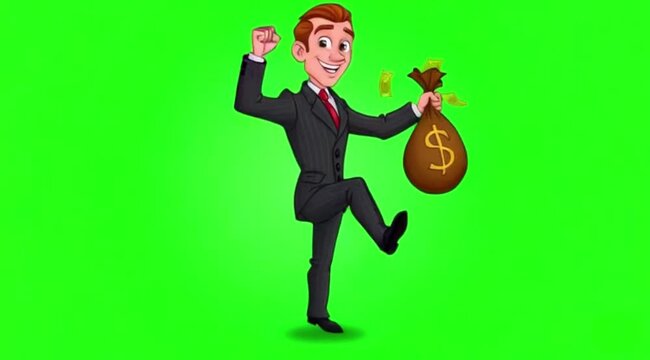 Cartoon businessman dance with money bag on green screen background.