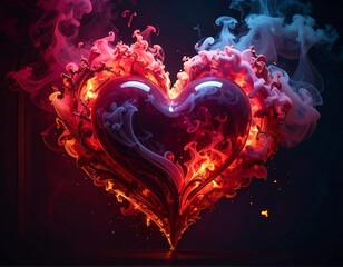 A heart-shaped flame with smoke on a dark background
