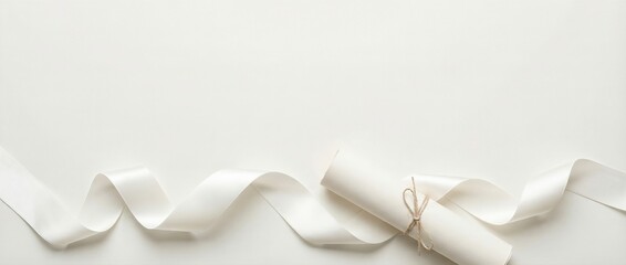 Rolled white scroll tied with satin ribbon on plain background. Elegant certificate or invitation design concept. Minimalist flat lay for wedding announcements or graduation diplomas. banner format