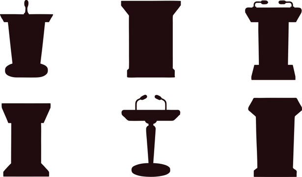 Collection of six different lectern podium silhouettes with microphones on white background  various shapes and styles