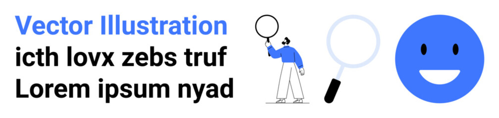 Fototapeta premium Person examining with magnifying glass, large blue happy face, bold dummy text. Ideal for research, search, analysis, user experience, positivity, exploration simple landing page