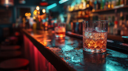 A glass of whiskey on the rocks sits on a dimly lit bar counter at night