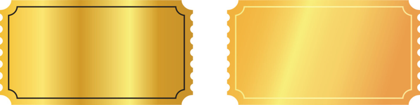 Golden Ticket Vector set . Blank Gold Coupon and Voucher Backgrounds with Metallic Gradient and Luxury Border for Prize or Event Entry Design.