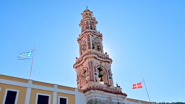 Panormitis church tower on Symi Island, Greece