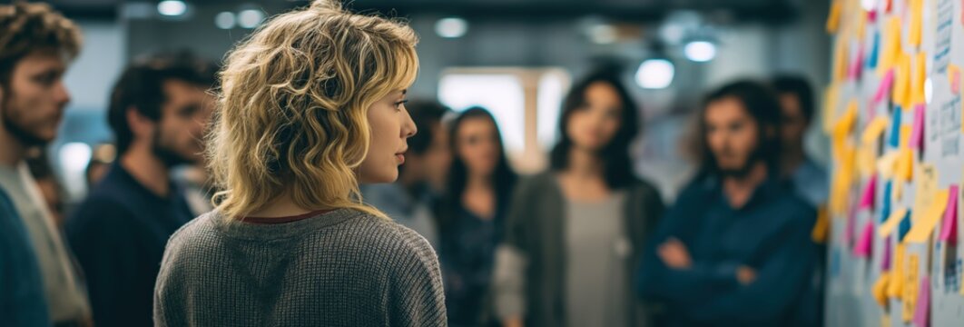 Woman standing in front of colleagues, actively involved in a creative team brainstorming session at the office - Powered by Adobe