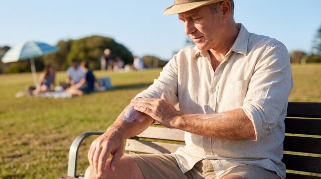 Adult man applying sunscreen outdoors in sunny park with copy space