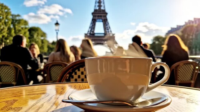 Morning coffee at a parisian cafe with the eiffel tower in the background