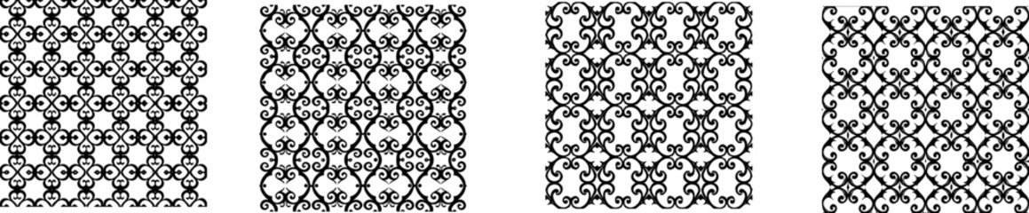 Collection of black and white decorative patterns featuring floral motifs, geometric shapes