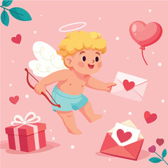 Obraz premium cupid with bow and arrow, heart and envelope on pink background