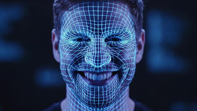 Mans face with blue digital wireframe grid for facial recognition technology concept
