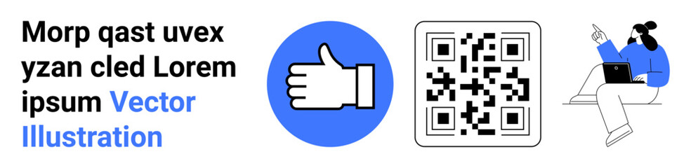 Obraz premium Digital tools, communication, QR technology, approval icons, remote work, team collaboration. A thumbs-up sign, QR code and a seated individual working on a laptop. Digital tools and communication