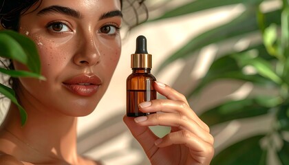 Smiling woman holds a serum bottle against a sunlit plant backdrop