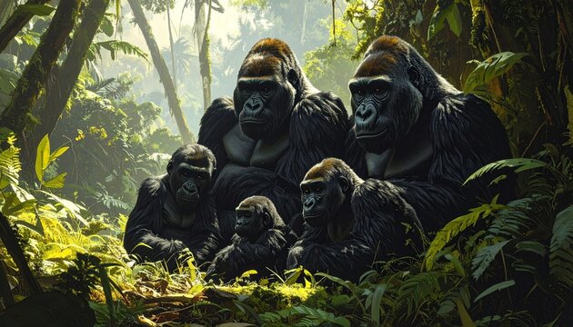 Family of mountain gorillas sitting together in lush green rainforest jungle
