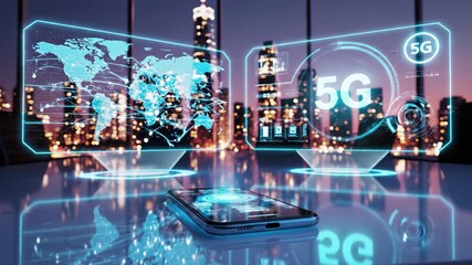 Smartphone displaying holographic 5g network and global connectivity interface over a city skyline at night - Powered by Adobe