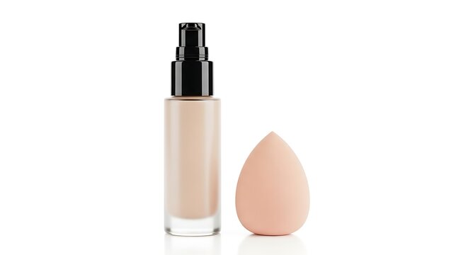 Bottle of liquid foundation makeup and a beauty blender sponge isolated on white background.