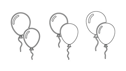 Simple black and white line art illustration depicting three separate pairs of festive balloons with trailing ribbons ready for a celebration or party graphic design