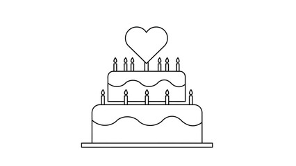 Simple line art icon graphic representing a tiered celebration cake adorned with multiple lit candles and a prominent heart shape on top for birthdays or anniversaries