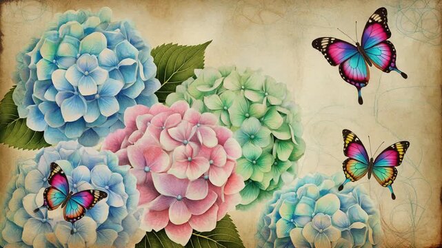 Vintage Hydrangea Flowers with Butterflies Seamless Pattern Animation Background